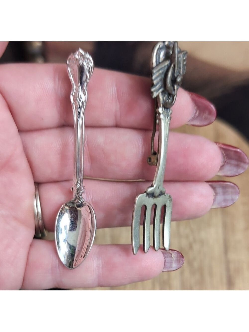 Vintage Mini Silver Fork and Spoon Brooch Set